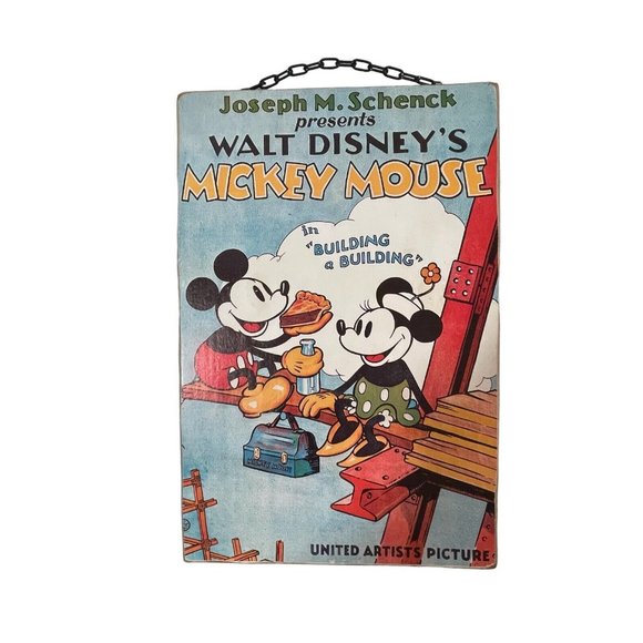 Vintage Walt Disney Mickey Mouse Building a Building Movie Poster Wood Plaque - Picture 1 of 10